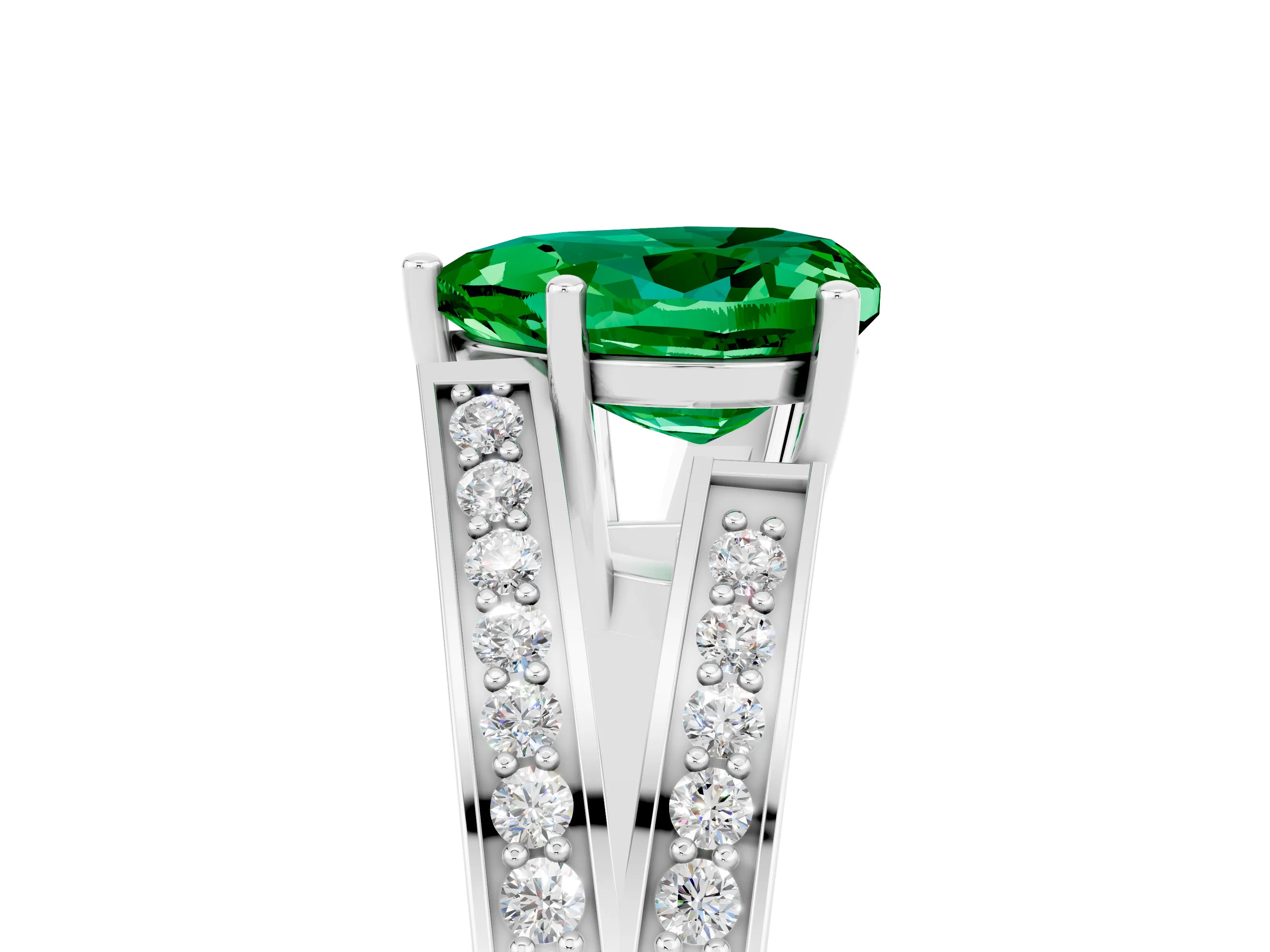 White gold Heart Cut Emerald Split Shank Ring with Pavé Band and Four-Prong Setting_5