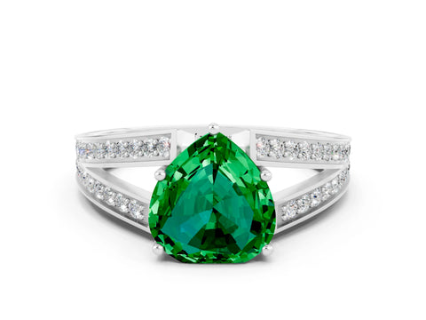 White gold Heart Cut Emerald Split Shank Ring with Pavé Band and Four-Prong Setting