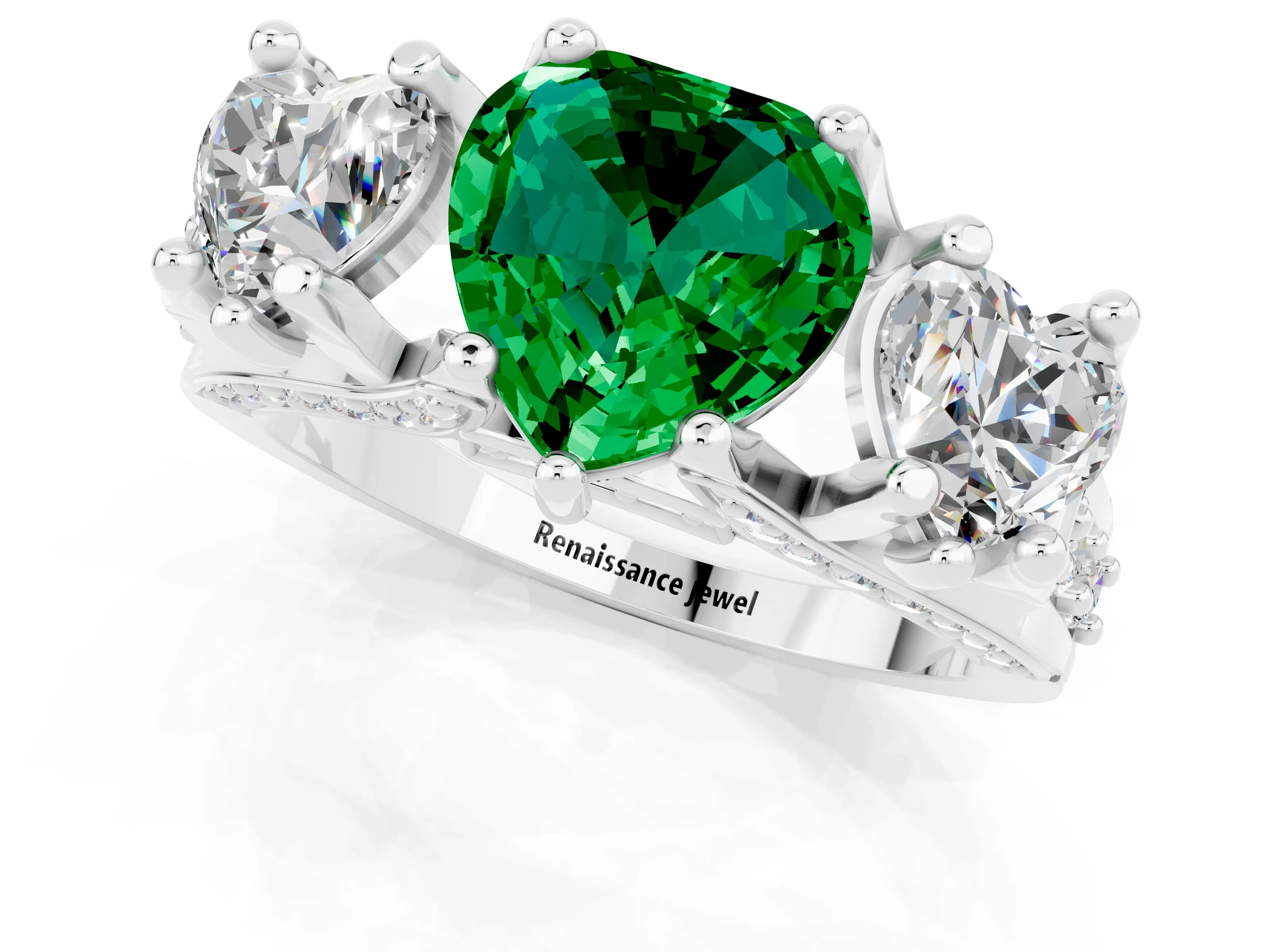 White gold Heart Cut Emerald Three-Stone Ring with Channel Set Band and Four-Prong Setting_1