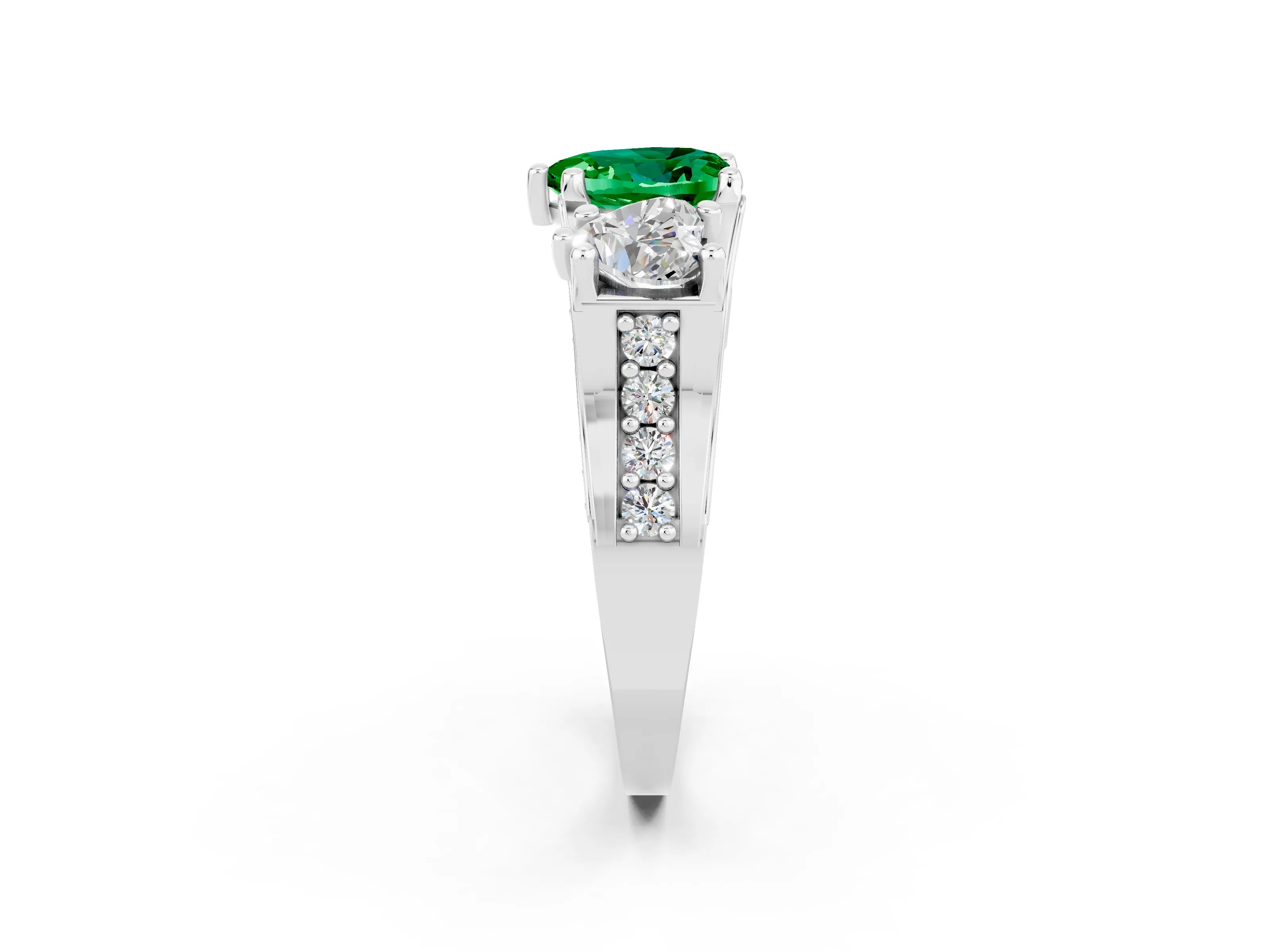 White gold Heart Cut Emerald Three-Stone Ring with Channel Set Band and Four-Prong Setting_2