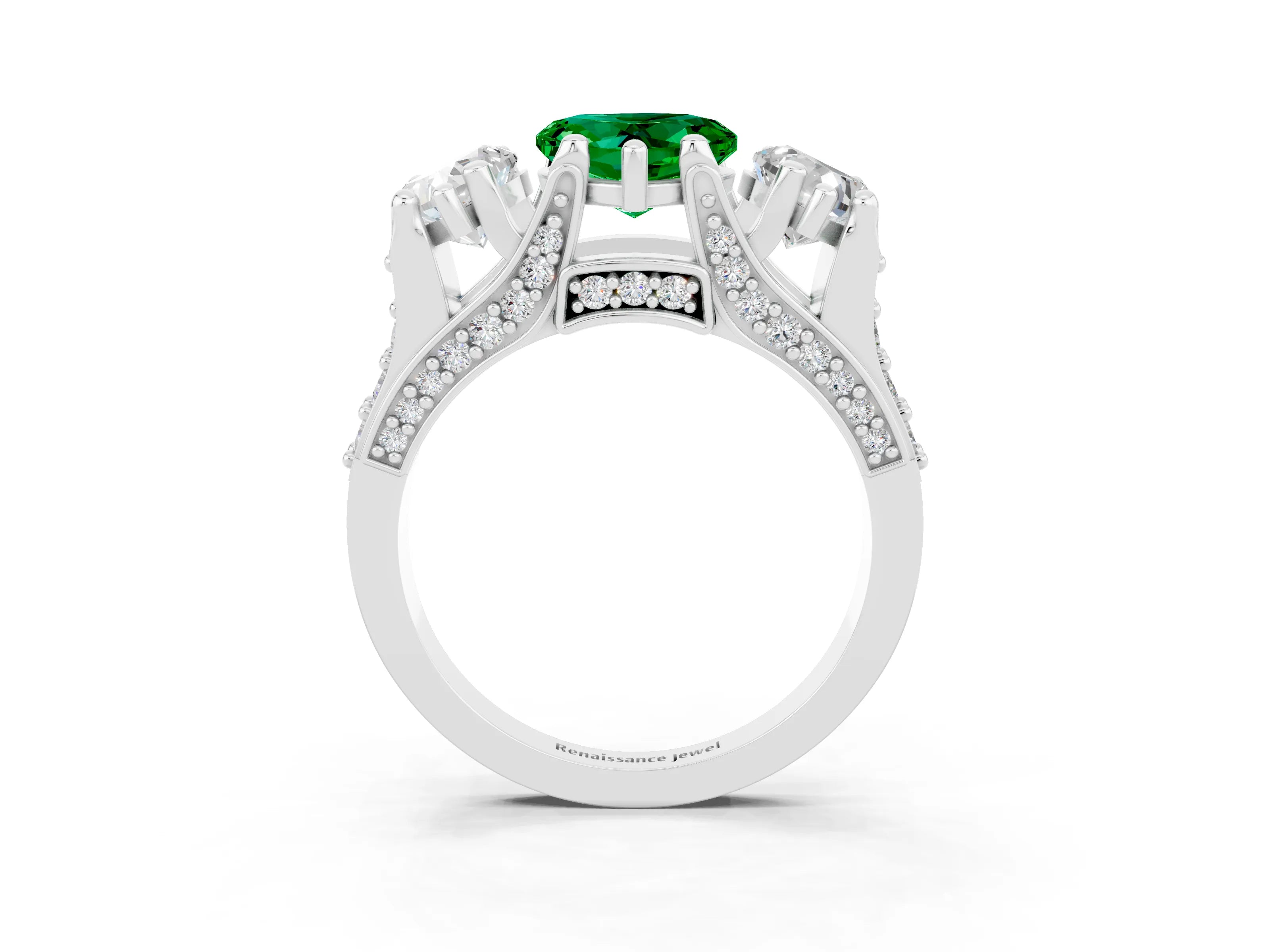 White gold Heart Cut Emerald Three-Stone Ring with Channel Set Band and Four-Prong Setting_3
