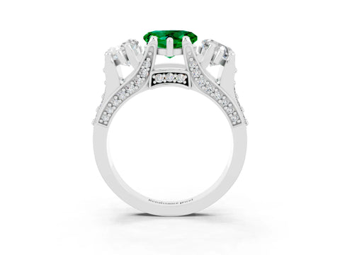 White gold Heart Cut Emerald Three-Stone Ring with Channel Set Band and Four-Prong Setting_3