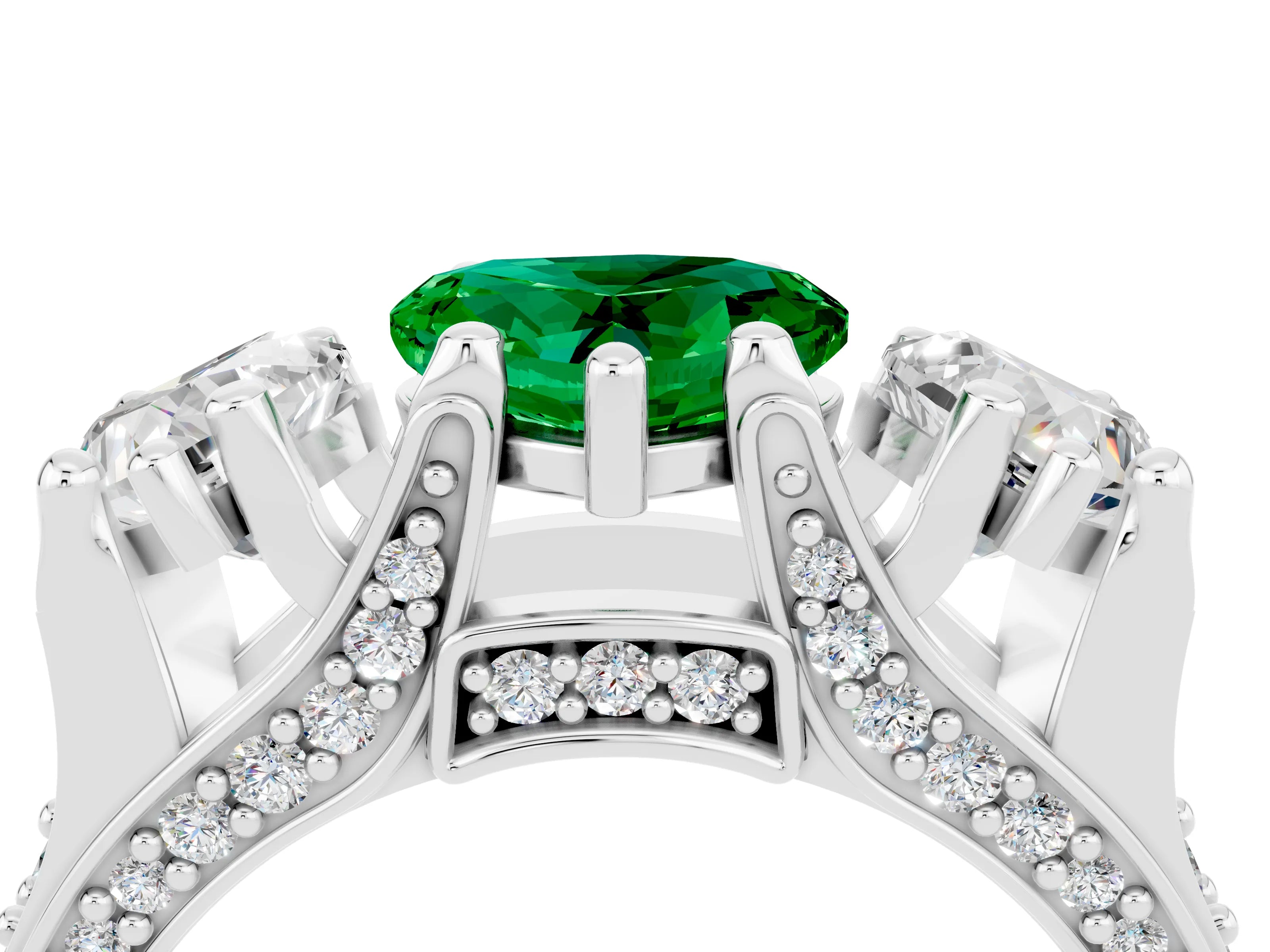 White gold Heart Cut Emerald Three-Stone Ring with Channel Set Band and Four-Prong Setting_4