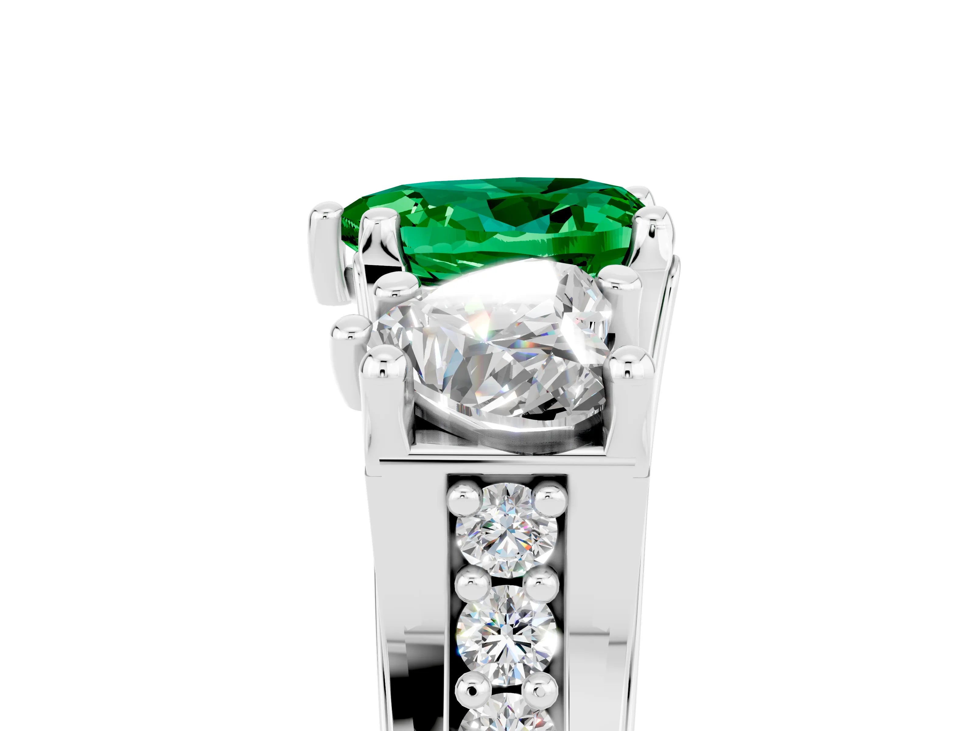White gold Heart Cut Emerald Three-Stone Ring with Channel Set Band and Four-Prong Setting_5