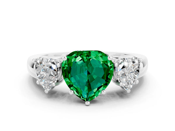 Platinum Heart Cut Emerald Three-Stone Ring with Four-Prong Setting and Classic Band