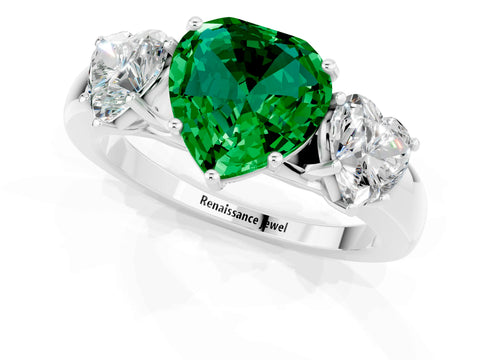 White gold Heart Cut Emerald Three-Stone Ring with Four-Prong Setting and Classic Band_1