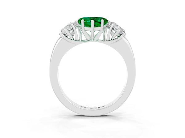 Platinum Heart Cut Emerald Three-Stone Ring with Four-Prong Setting and Classic Band