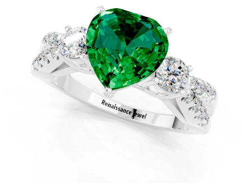 White gold Heart Cut Emerald Three-Stone Ring with Pavé Split Shank and Four-Prong Setting_25