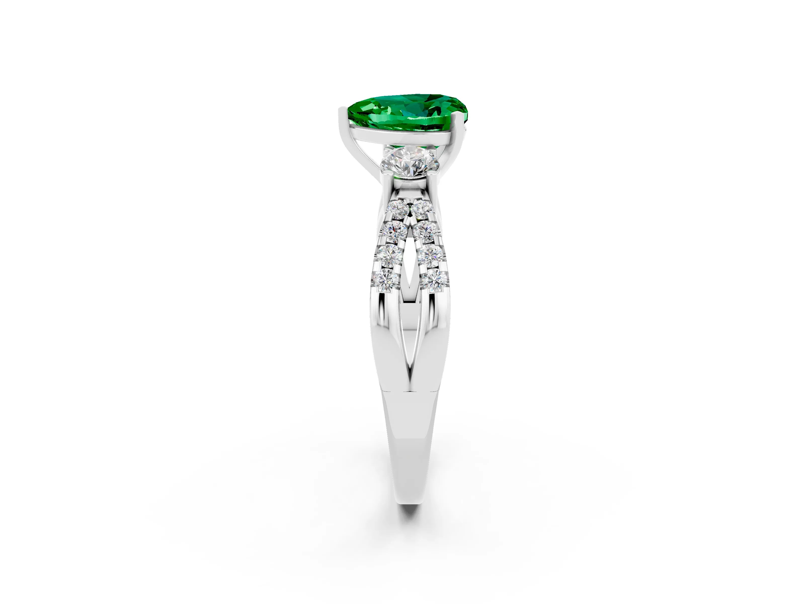 White gold Heart Cut Emerald Three-Stone Ring with Pavé Split Shank and Four-Prong Setting_26