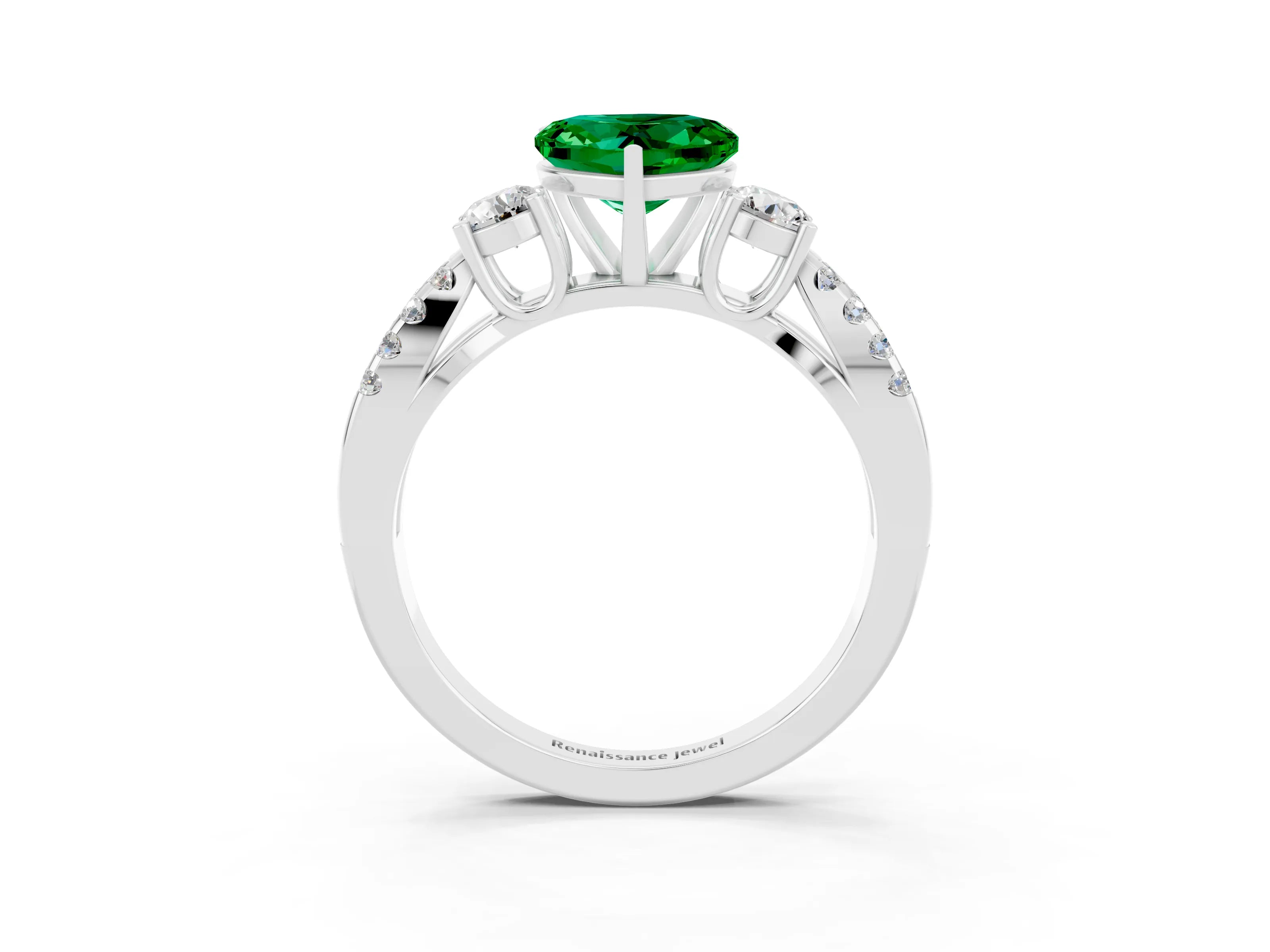 White gold Heart Cut Emerald Three-Stone Ring with Pavé Split Shank and Four-Prong Setting_27