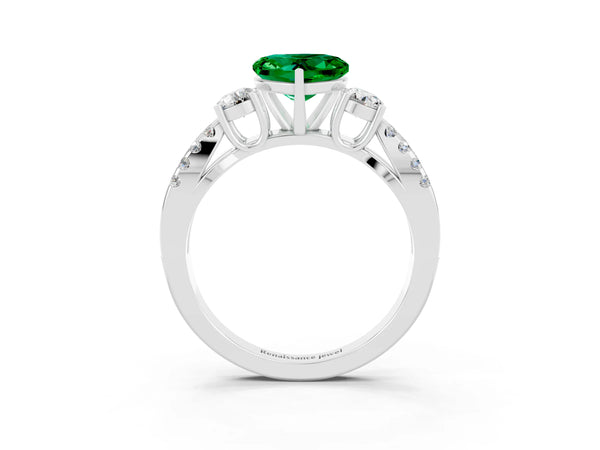 White gold Heart Cut Emerald Three-Stone Ring with Pavé Split Shank and Four-Prong Setting