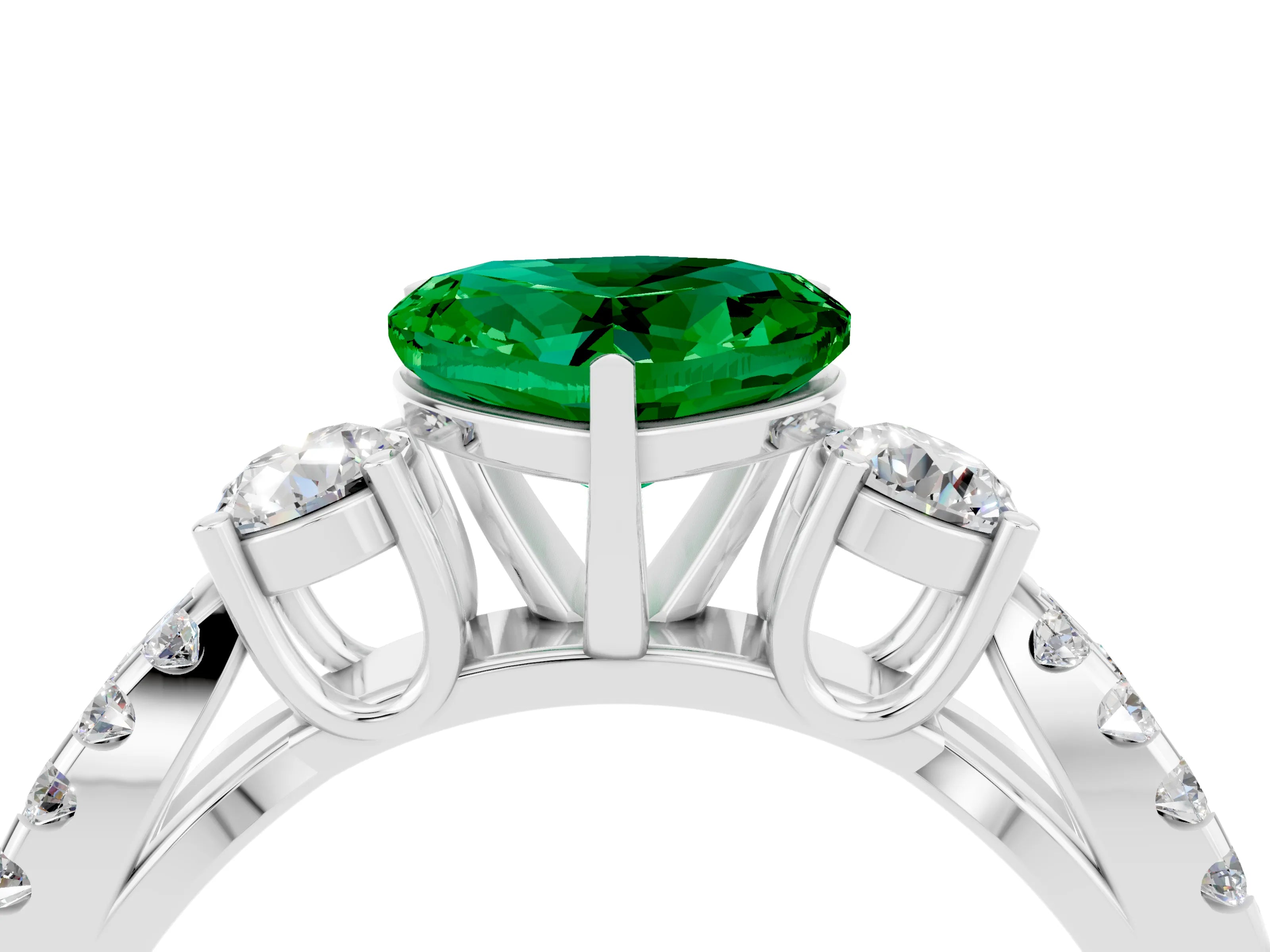 White gold Heart Cut Emerald Three-Stone Ring with Pavé Split Shank and Four-Prong Setting_28