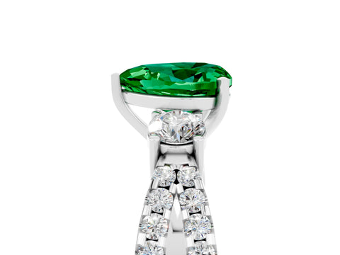 White gold Heart Cut Emerald Three-Stone Ring with Pavé Split Shank and Four-Prong Setting_29