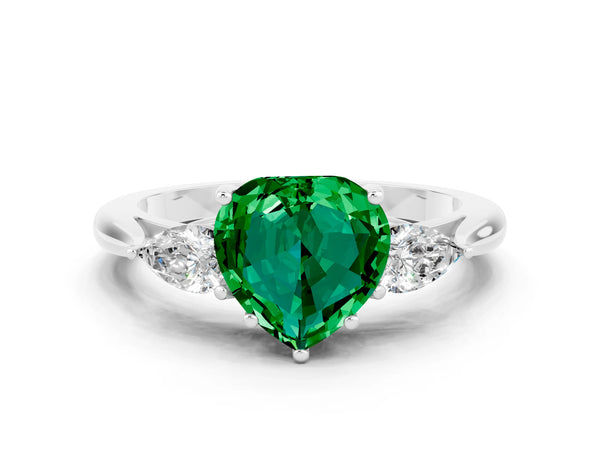 Silver Heart Cut Emerald Three-Stone Ring with Pear  Side Stones and Prong Setting