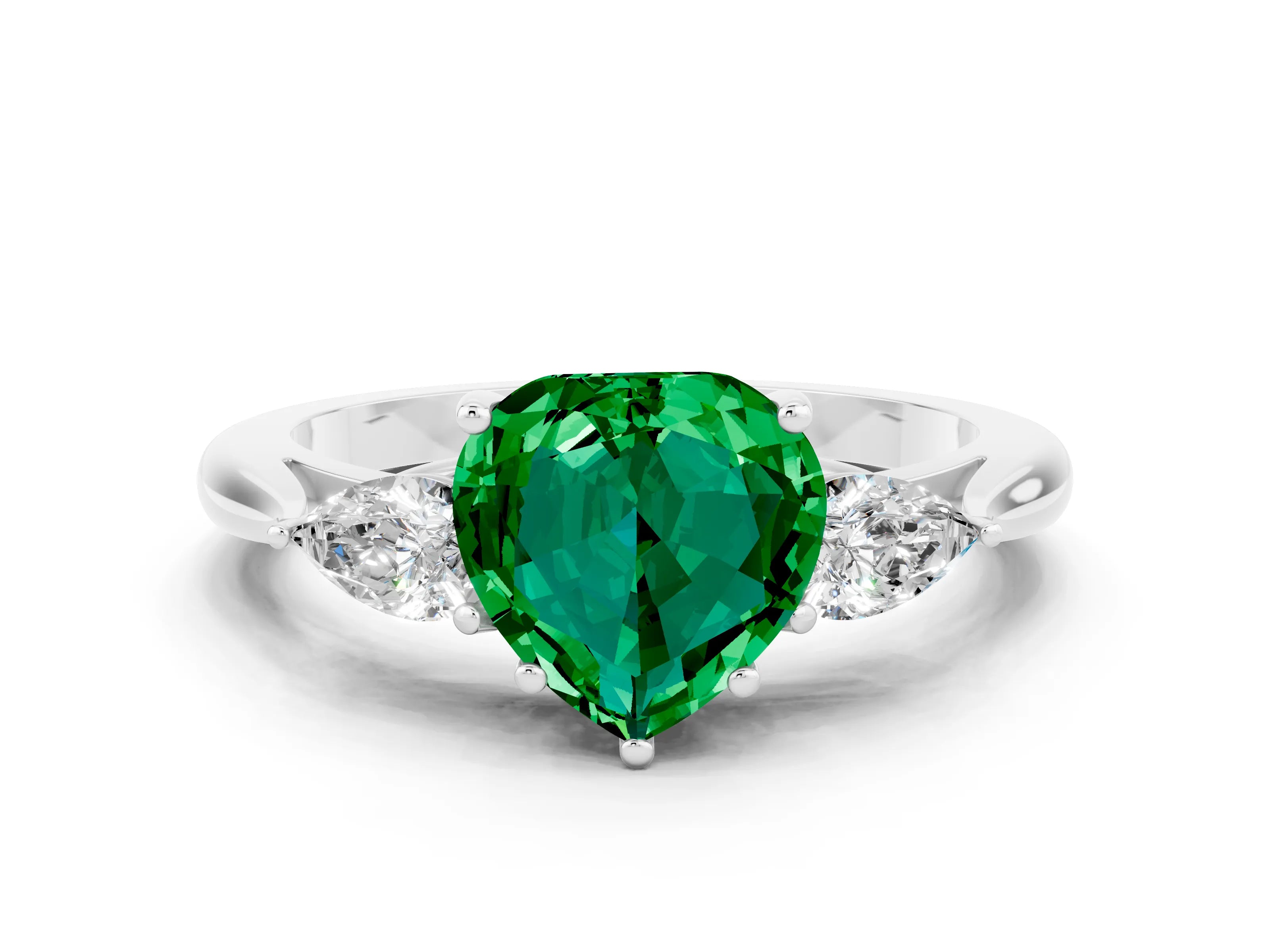 White gold Heart Cut Emerald Three-Stone Ring with Pear Side Stones and Four-Prong Setting_12