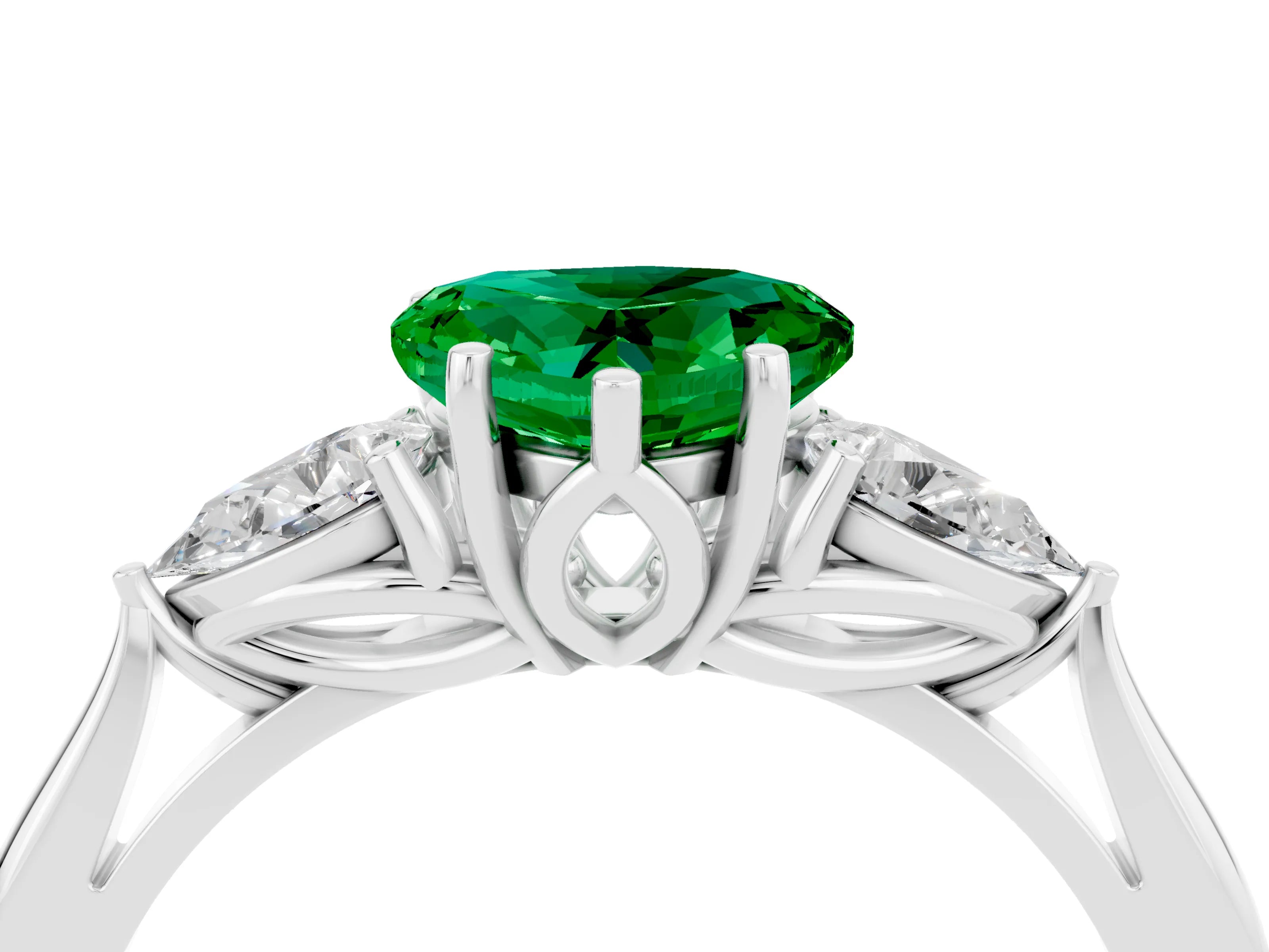 White gold Heart Cut Emerald Three-Stone Ring with Pear Side Stones and Four-Prong Setting_16