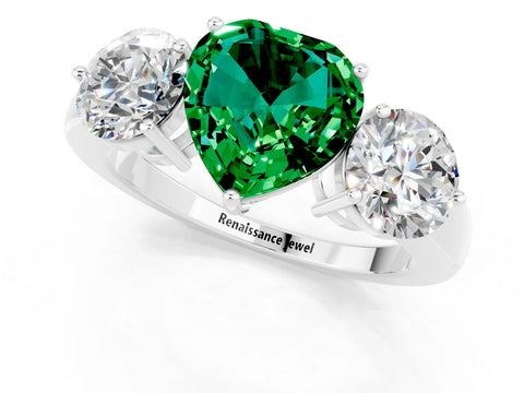 White gold Heart Cut Emerald Three-Stone Ring with Prong Setting and Classic Band_1