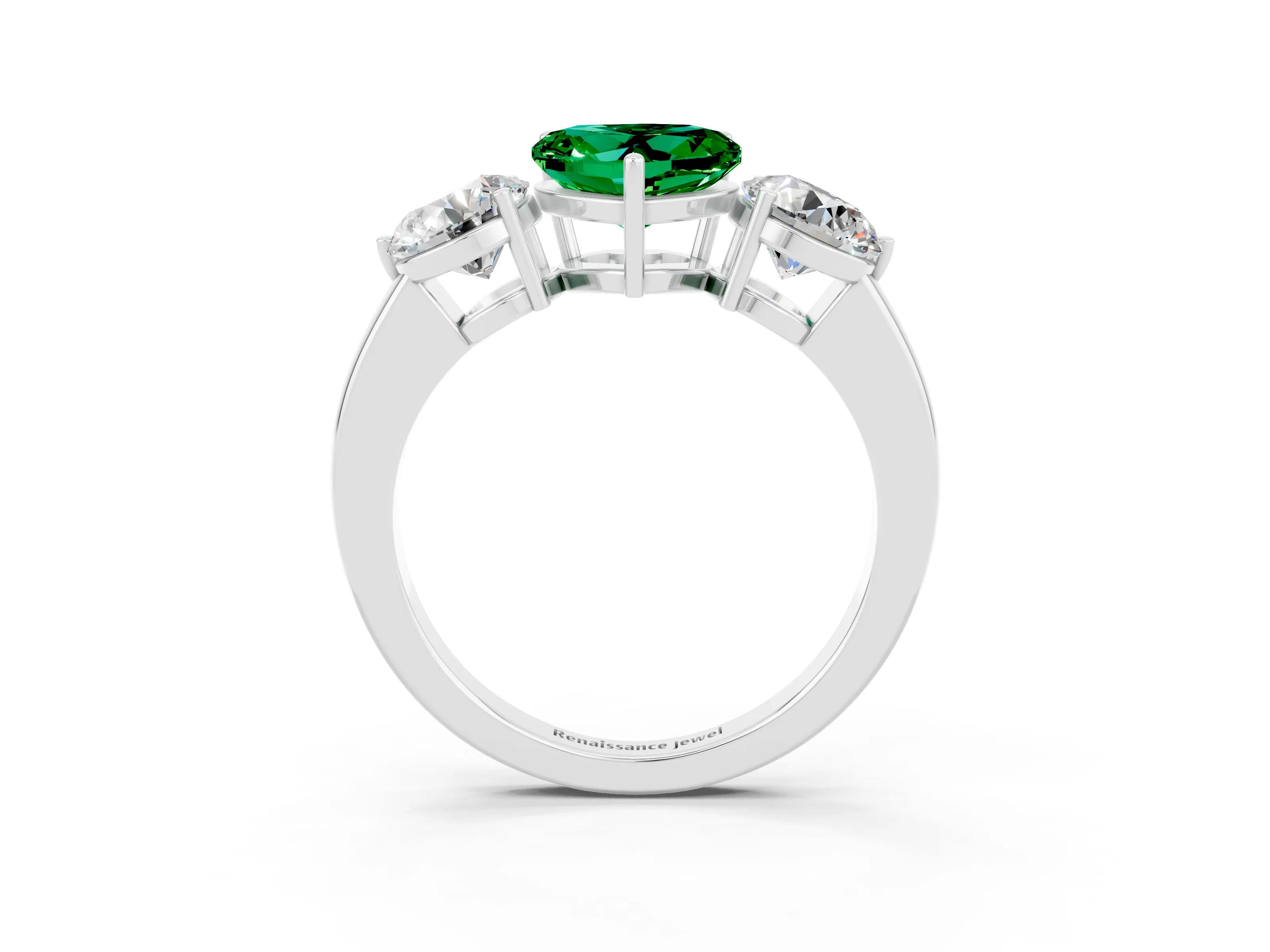 White gold Heart Cut Emerald Three-Stone Ring with Prong Setting and Classic Band_3