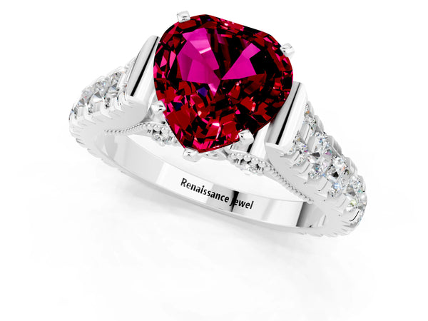 Platinum Heart Cut Garnet Classic Solitaire Ring with Pavé Band and Four-Prong Setting