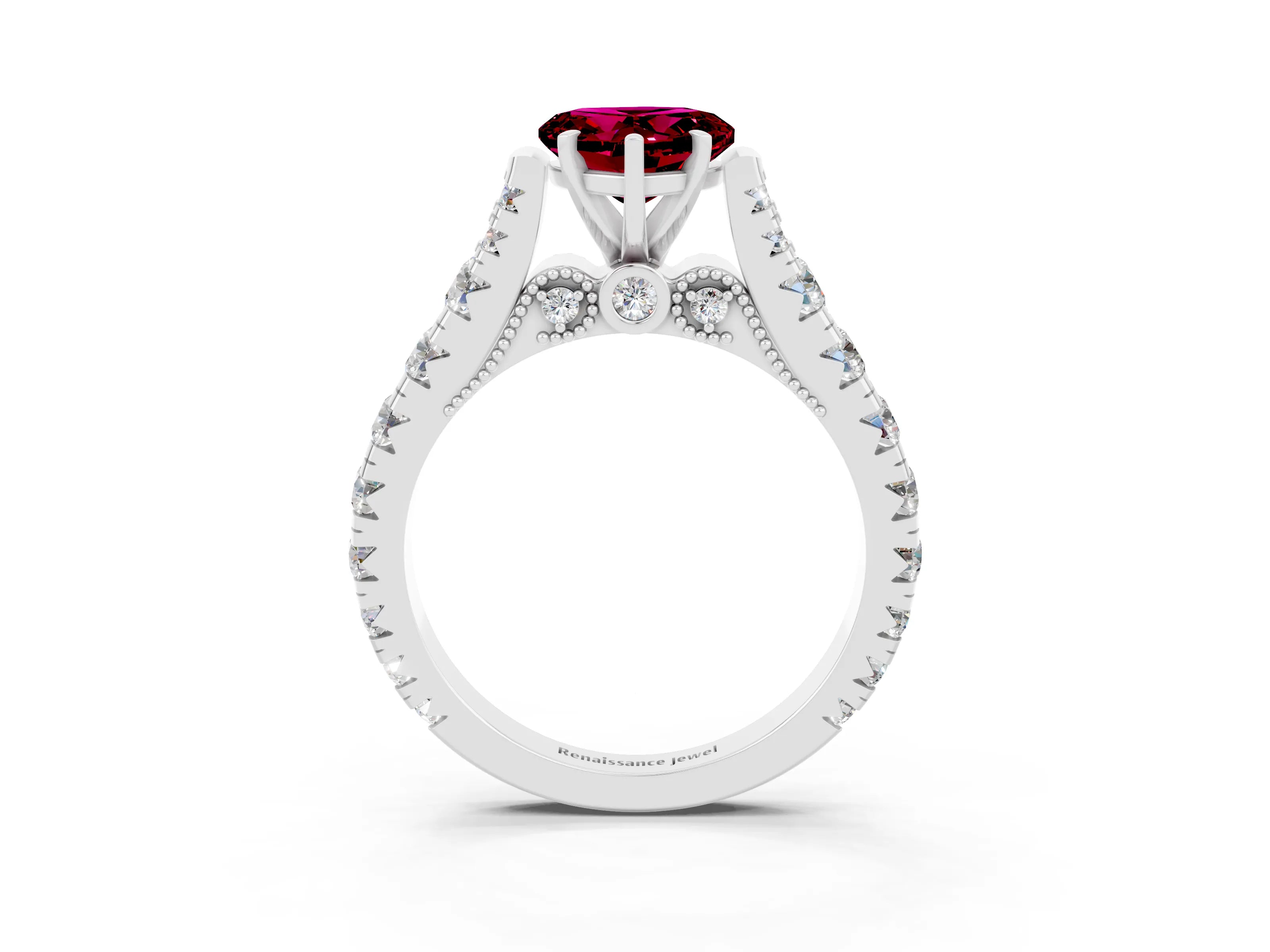 White gold Heart Cut Garnet Classic Solitaire Ring with Pavé Band and Four-Prong Setting_3