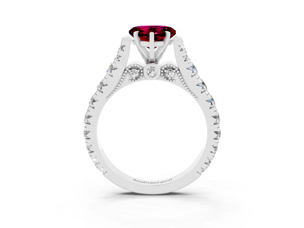 White gold Heart Cut Garnet Classic Solitaire Ring with Pavé Band and Four-Prong Setting