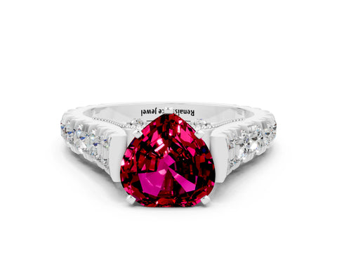 White gold Heart Cut Garnet Classic Solitaire Ring with Pavé Band and Four-Prong Setting