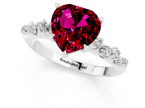 White gold Heart Cut Garnet Cluster Side Stone Solitaire Ring with Prong Setting_25