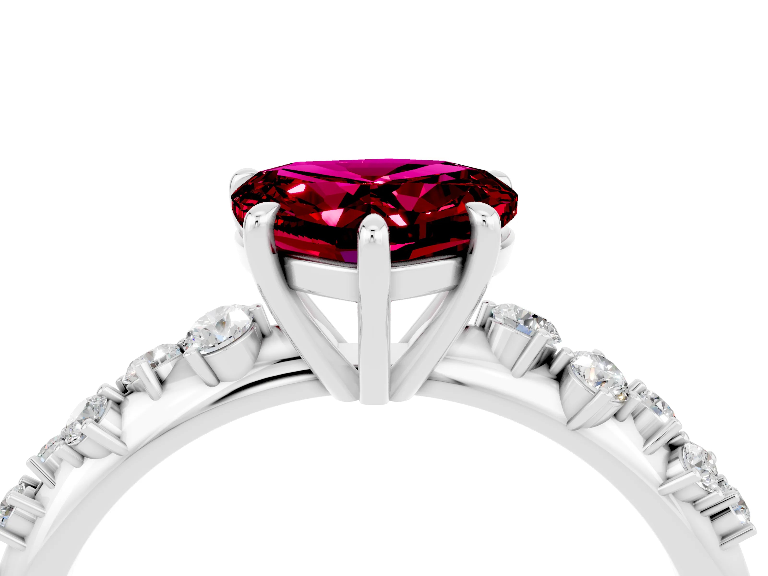 White gold Heart Cut Garnet Cluster Side Stone Solitaire Ring with Prong Setting_28