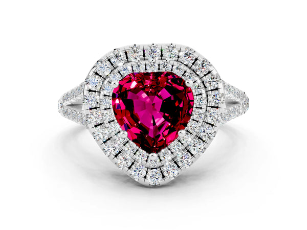Platinum Heart Cut Garnet Double Halo Ring with Pavé Band and Prong Setting