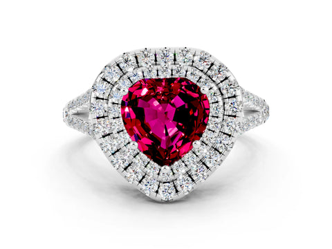 White gold Heart Cut Garnet Double Halo Ring with Pavé Band and Prong Setting_12