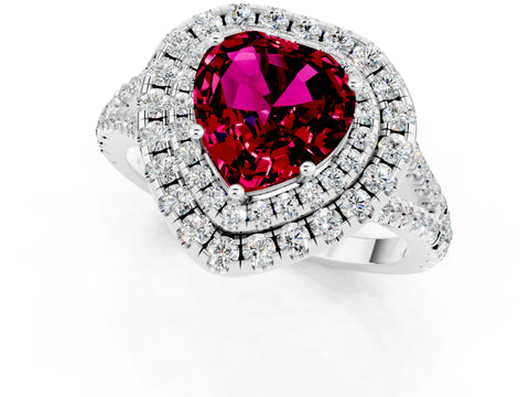 White gold Heart Cut Garnet Double Halo Ring with Pavé Band and Prong Setting_13