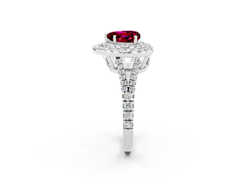White gold Heart Cut Garnet Double Halo Ring with Pavé Band and Prong Setting_14