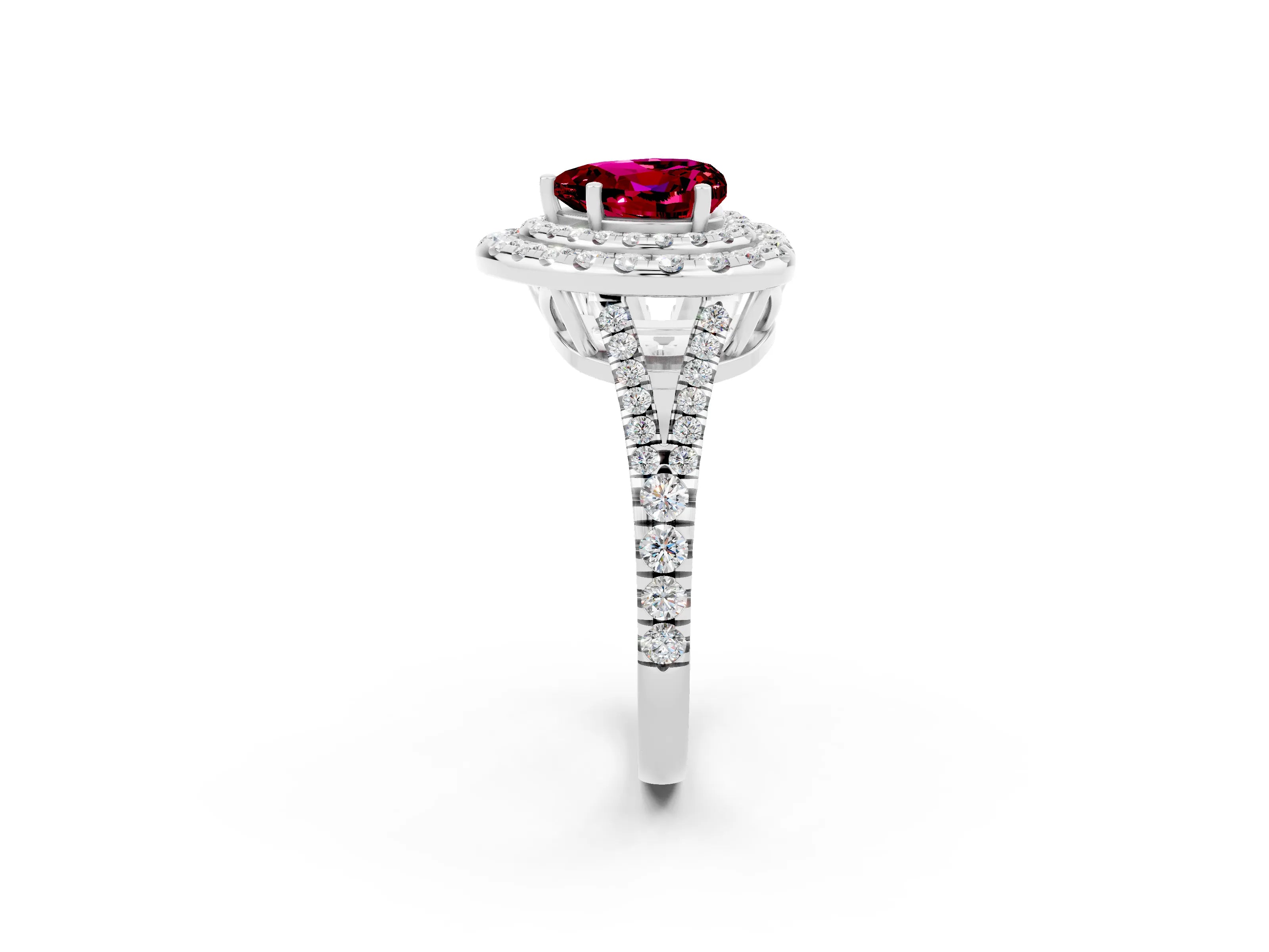 White gold Heart Cut Garnet Double Halo Ring with Pavé Band and Prong Setting_14