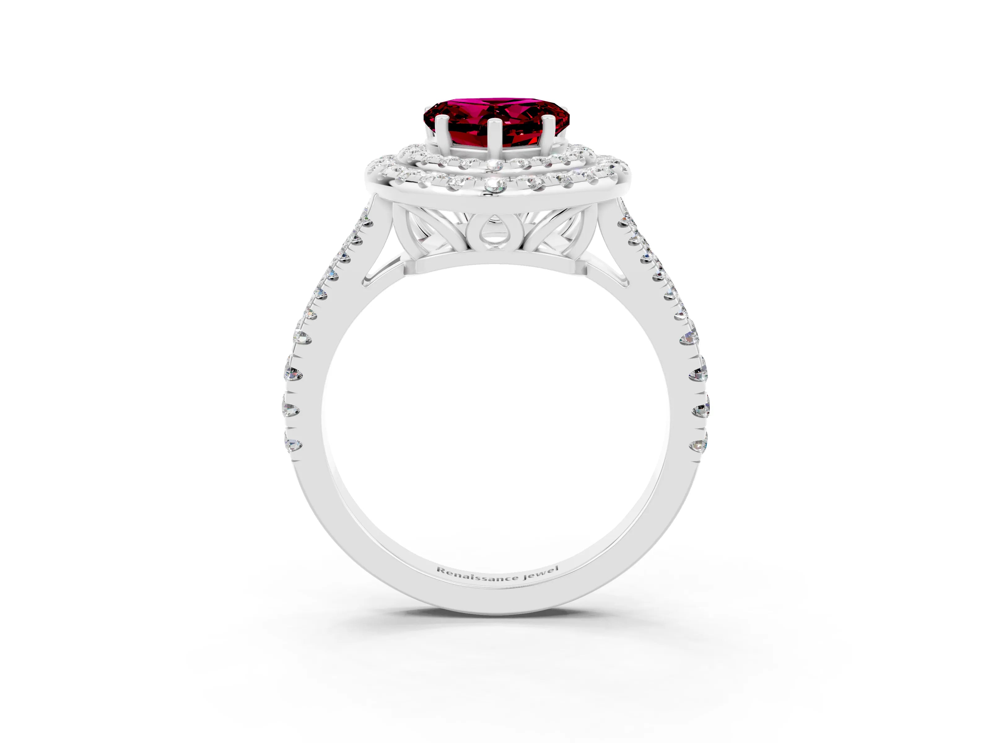 White gold Heart Cut Garnet Double Halo Ring with Pavé Band and Prong Setting_15