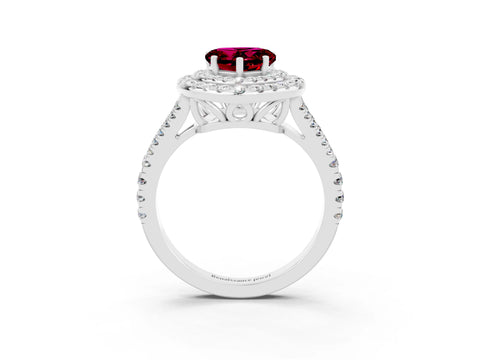 White gold Heart Cut Garnet Double Halo Ring with Pavé Band and Prong Setting_15
