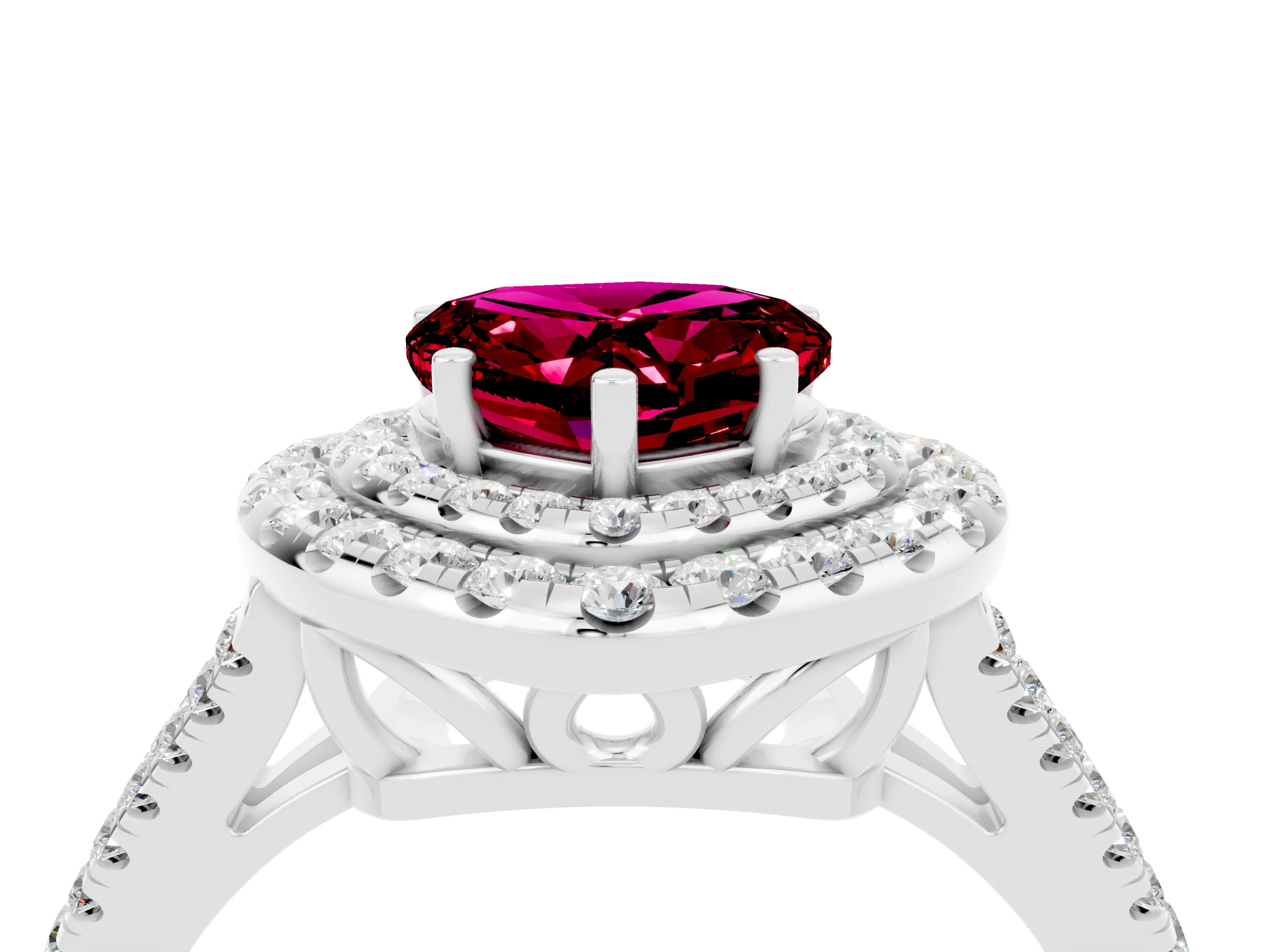 White gold Heart Cut Garnet Double Halo Ring with Pavé Band and Prong Setting_16