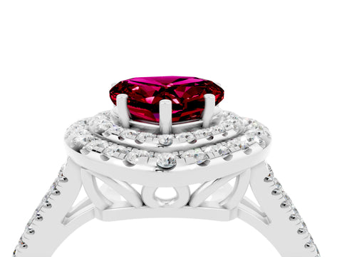 White gold Heart Cut Garnet Double Halo Ring with Pavé Band and Prong Setting_16