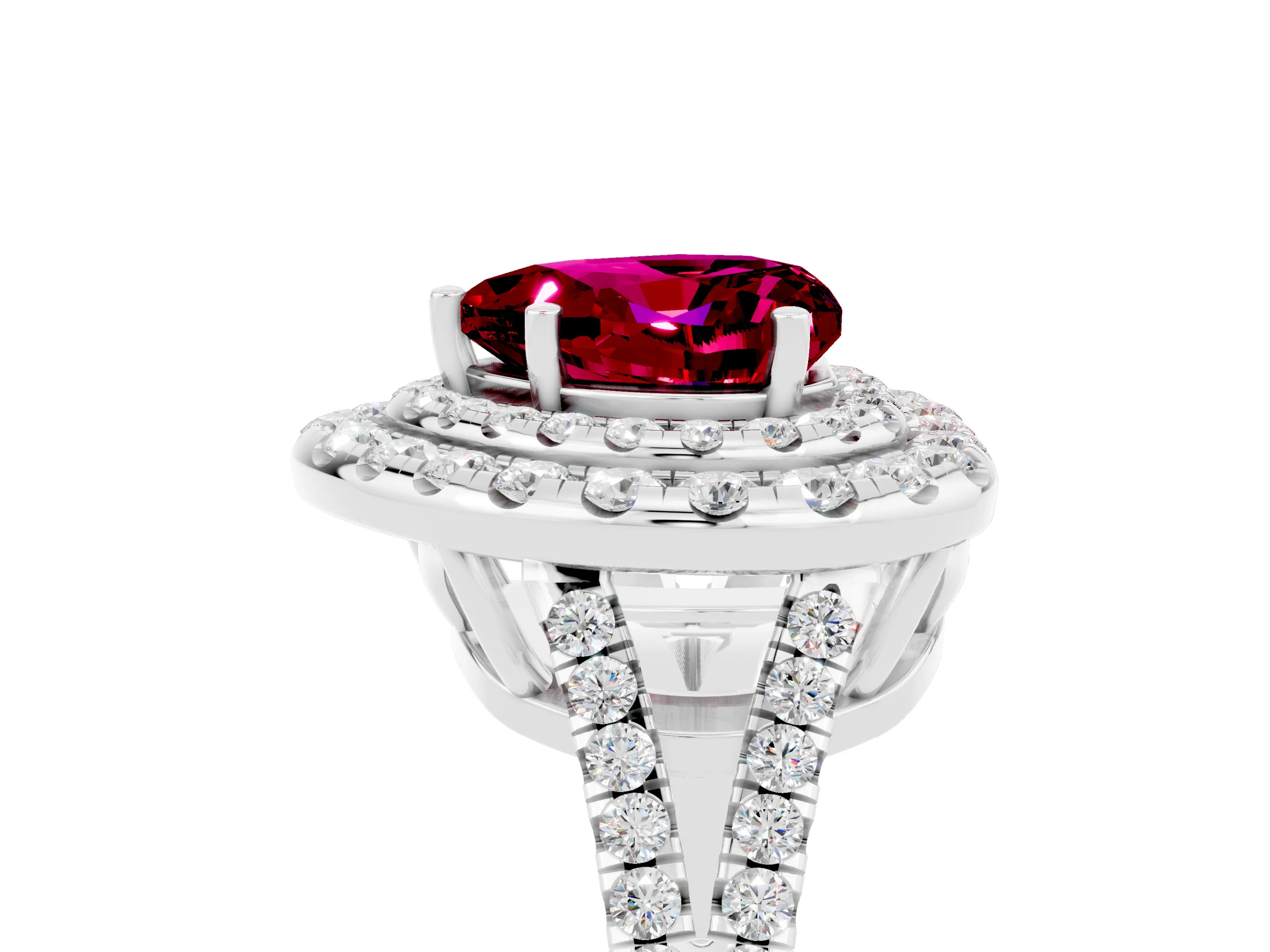 White gold Heart Cut Garnet Double Halo Ring with Pavé Band and Prong Setting_17