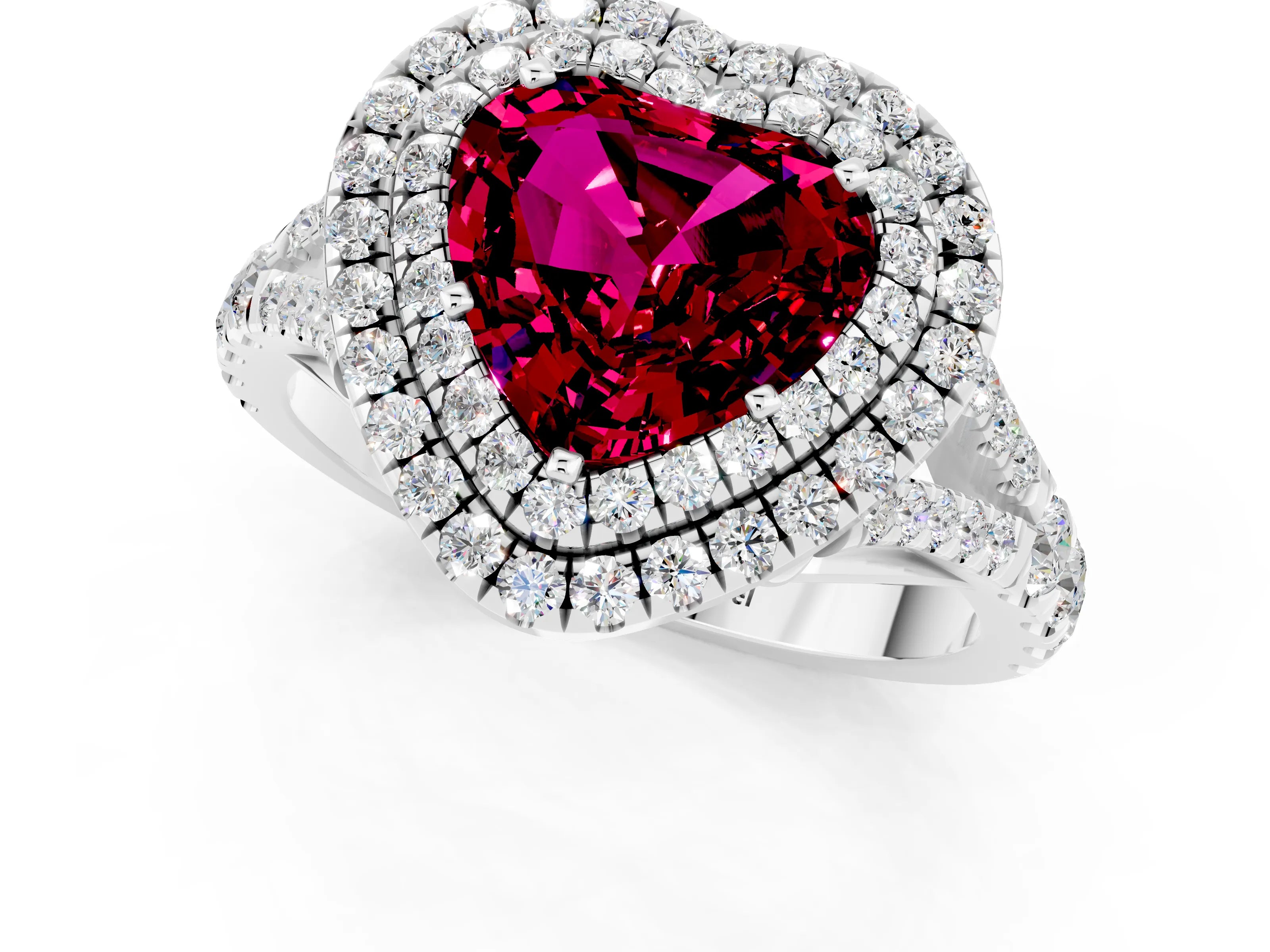White gold Heart Cut Garnet Double Halo Ring with Split Shank and Prong Setting_13