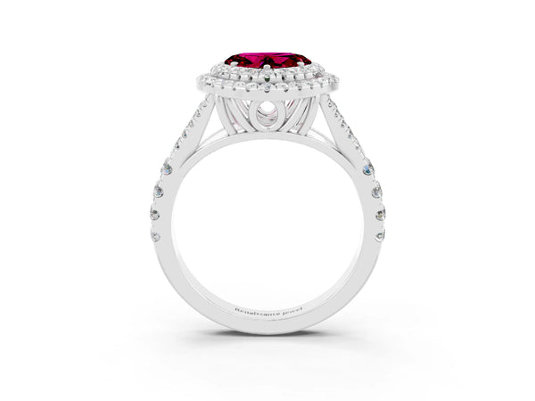 Platinum Heart Cut Garnet Double Halo Ring with Split Shank and Prong Setting