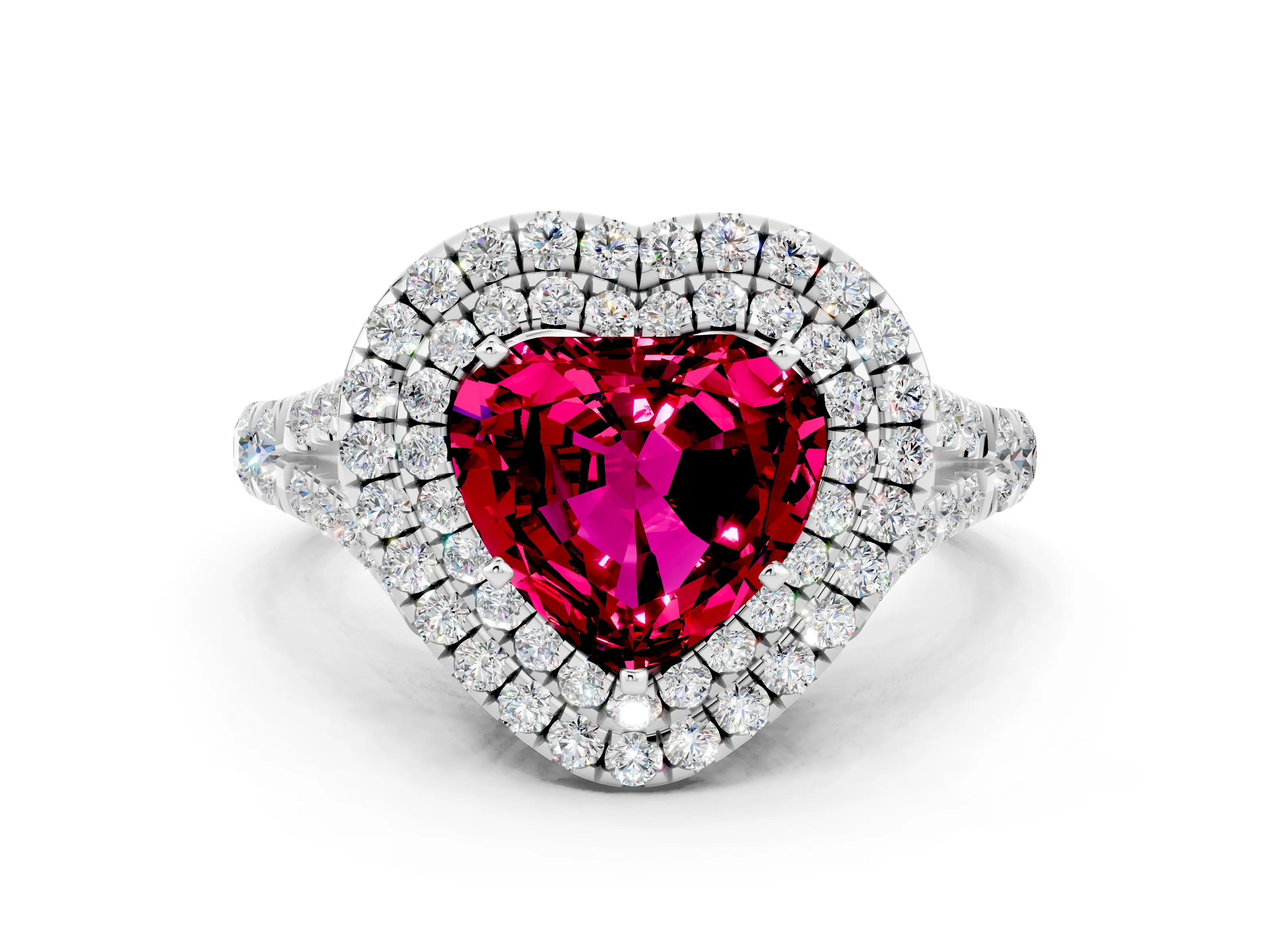 White gold Heart Cut Garnet Double Halo Ring with Split Shank and Prong Setting_24