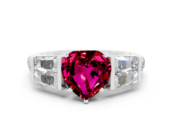 White gold Heart Cut Garnet Engagement Ring with Baguette Side Stones and Channel Set Band
