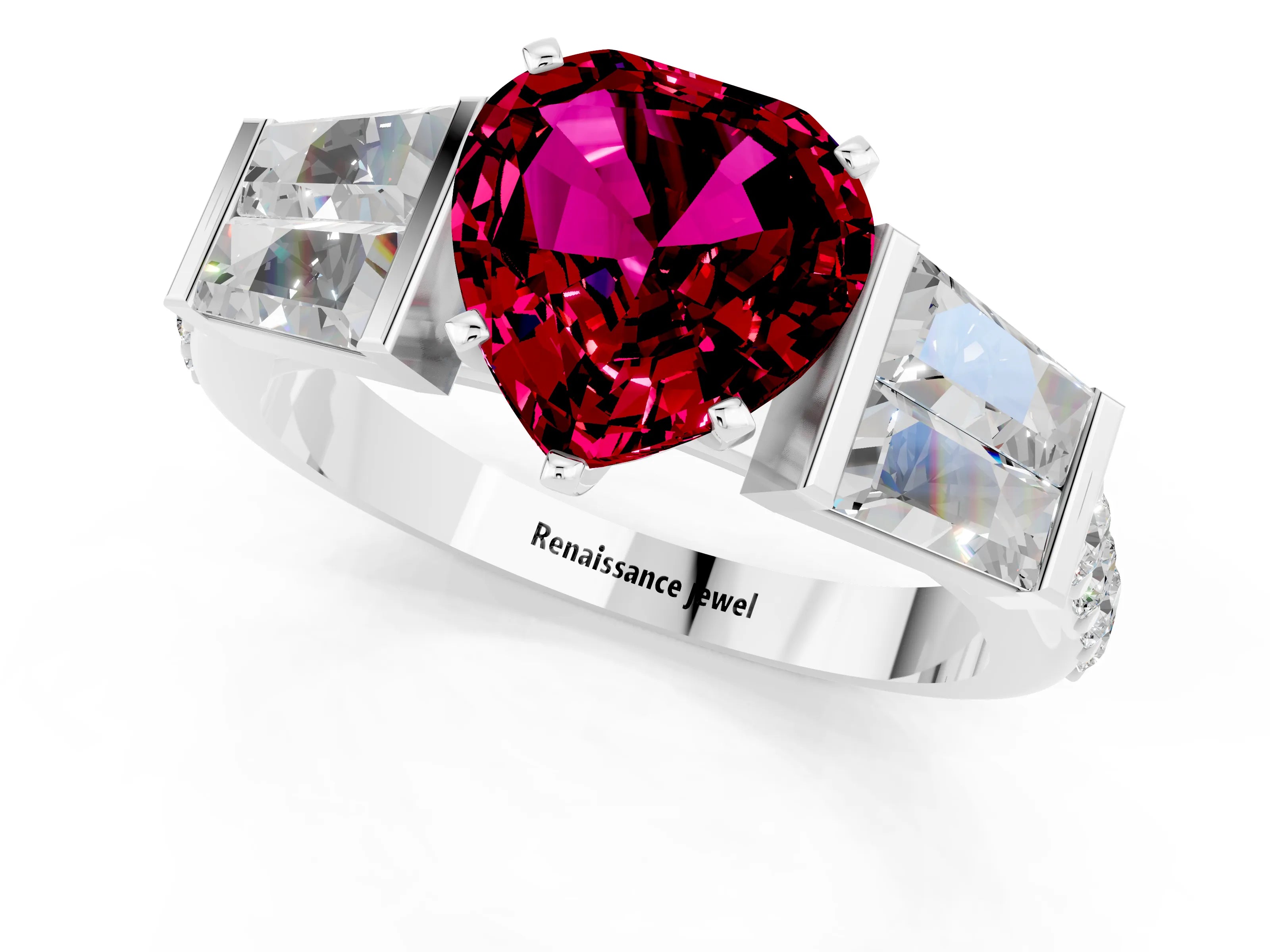 White gold Heart Cut Garnet Engagement Ring with Baguette Side Stones and Channel Set Band_1