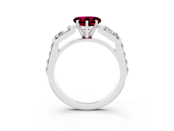 Silver Heart Cut Garnet Engagement Ring with Baguette Side Stones and Channel Set Band