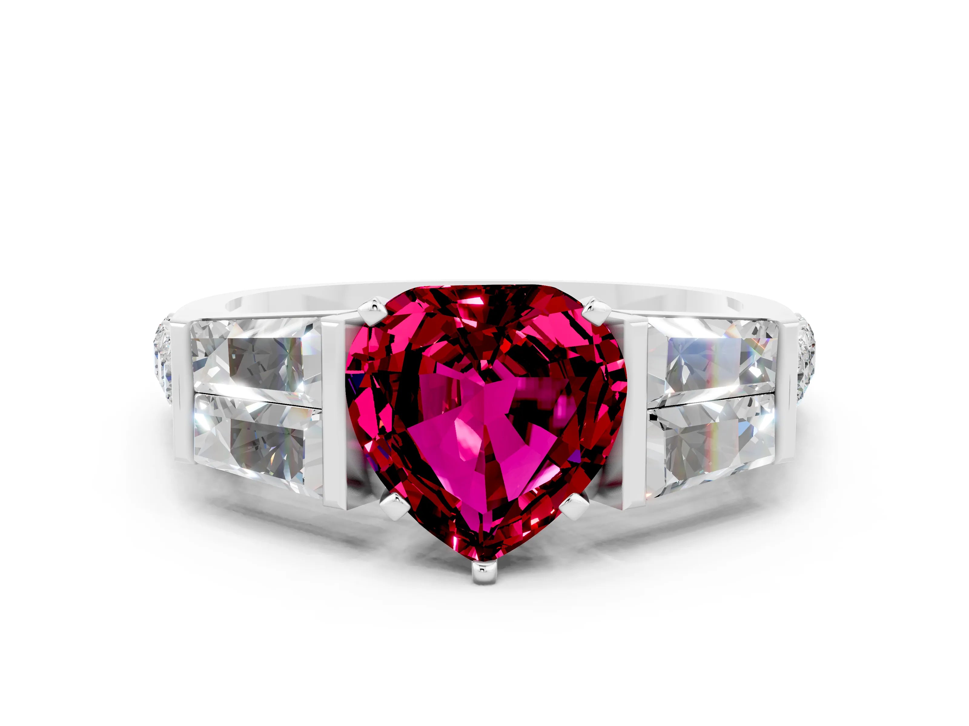 White gold Heart Cut Garnet Engagement Ring with Baguette Side Stones and Channel Set Band