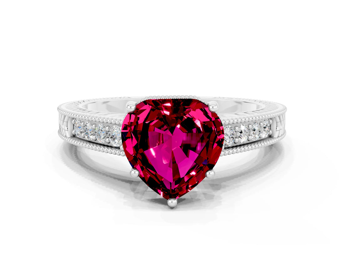 White gold Heart Cut Garnet Engagement Ring with Milgrain Channel Set Band and Prong Setting