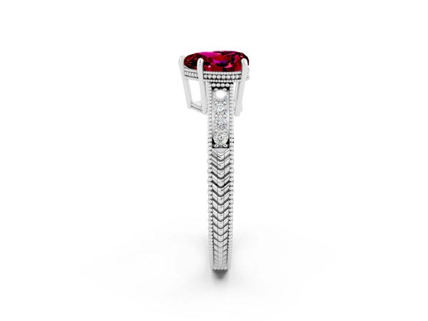 Platinum Heart Cut Garnet Engagement Ring with Milgrain Channel Set Band and Prong Setting