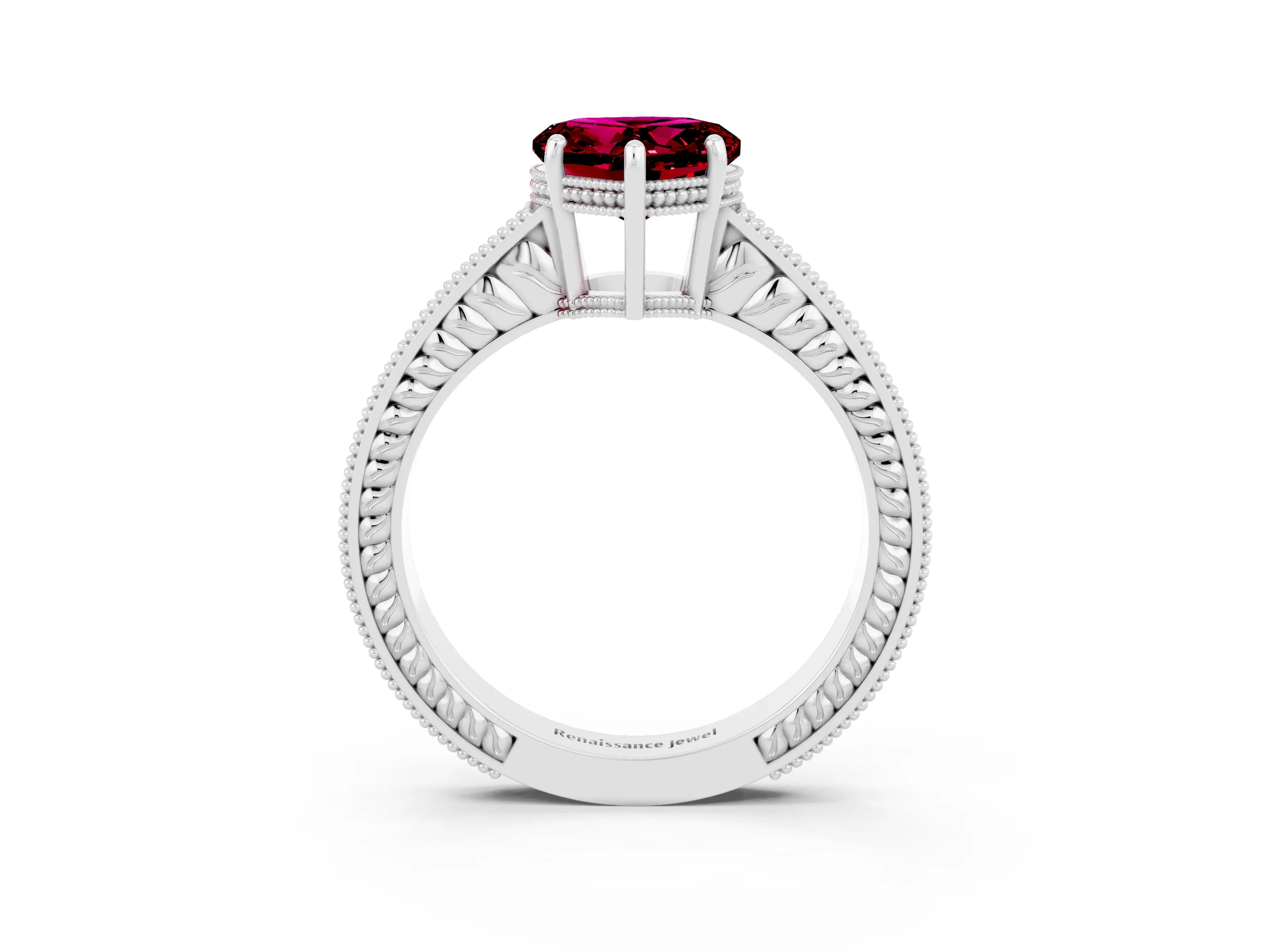 White gold Heart Cut Garnet Engagement Ring with Milgrain Channel Set Band and Prong Setting_3