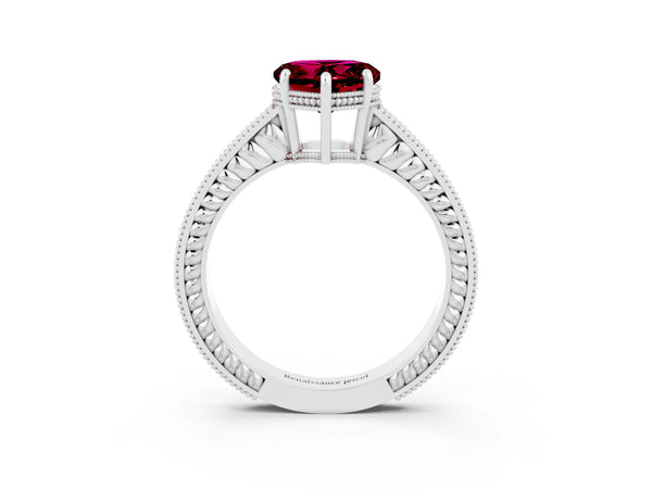 Silver Heart Cut Garnet Engagement Ring with Milgrain Channel Set Band and Prong Setting