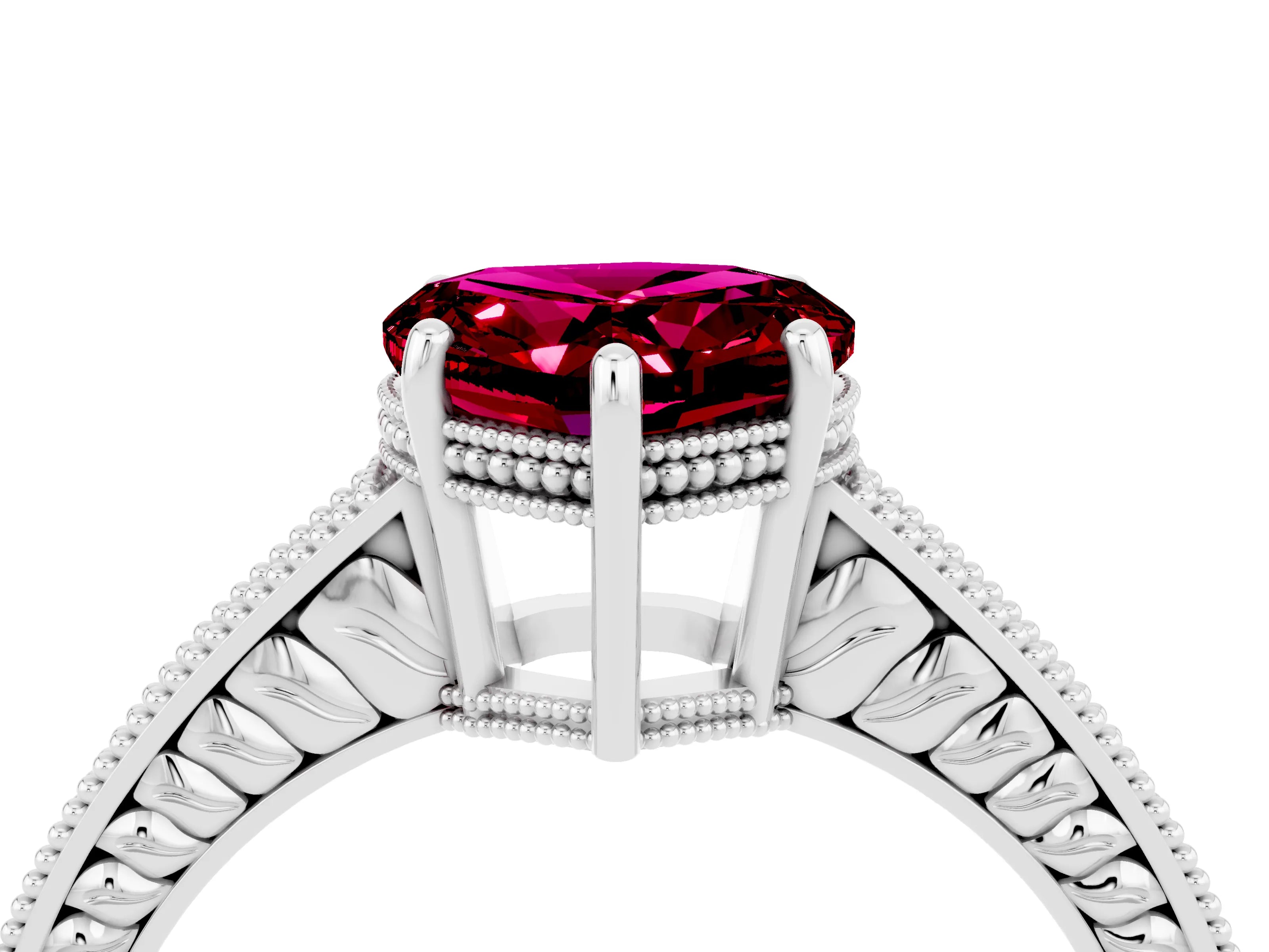 White gold Heart Cut Garnet Engagement Ring with Milgrain Channel Set Band and Prong Setting_4